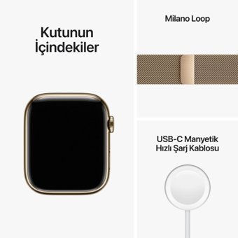 Apple Watch Series 8 Cellular Apple Uyumlu WatchOS Su Geçirmez 45 mm Metal Örgü Kordon Kare Unisex Sim Kartlı Akıllı Saat Altın