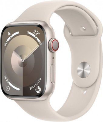 Apple Watch Series 9 Cellular Apple Uyumlu WatchOS Su Geçirmez 45 mm Fluoro Elastomer Kauçuk Kordon Kare Unisex Sim Kartlı Akıllı Saat Krem