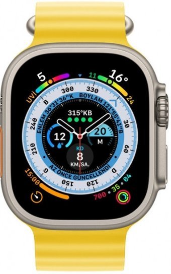 Apple Watch Ultra Apple Uyumlu WatchOS Su Geçirmez 49 mm Elastomer Kordon Kare Unisex Sim Kartlı Akıllı Saat Sarı