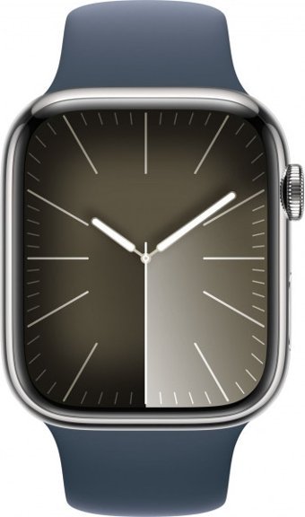 Apple Watch Series 9 Cellular Apple Uyumlu WatchOS Su Geçirmez 45 mm Fluoro Elastomer Kauçuk Kordon Çelik Kasa Kare Unisex Sim Kartlı Akıllı Saat Mavi