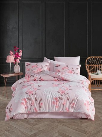 Nevresim Dünyası Pamuk Polyester Dört Mevsim 160 x 220 cm Çiçekli Tek Kişilik Nevresim Takımı Pudra