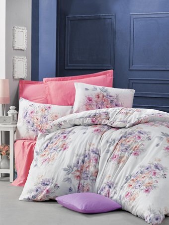 Komfort Home Saten Kışlık 160 x 220 cm Çiçekli Tek Kişilik Nevresim Takımı Beyaz Pudra