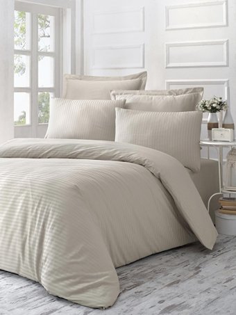 Komfort Home Saten Kışlık 160 x 220 cm Çizgili Tek Kişilik Nevresim Takımı Bej