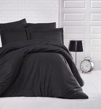Metin Ev Pamuk Saten Dört Mevsim 160 x 200 cm Çizgili Tek Kişilik Nevresim Takımı Siyah