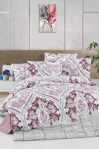 Helenito Ranforce Dört Mevsim 160 x 220 cm Etnik Tek Kişilik Nevresim Takımı Bordo Pembe