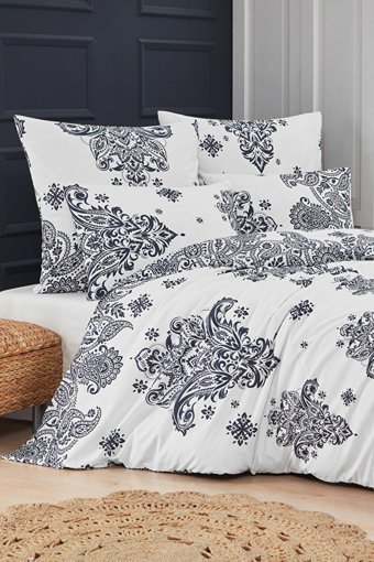 Mislina Home Pamuk Kışlık 160 x 220 cm Etnik Tek Kişilik Nevresim Takımı Beyaz Siyah
