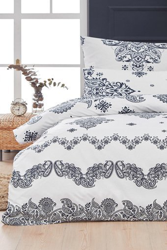 Mislina Home Pamuk Kışlık 160 x 220 cm Etnik Tek Kişilik Nevresim Takımı Beyaz Siyah