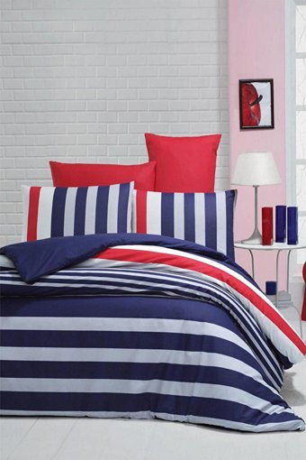 Helenito Ranforce Dört Mevsim 160 x 220 cm Çizgili Tek Kişilik Nevresim Takımı Kırmızı Lacivert