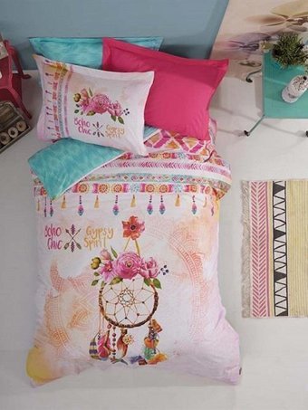 Soley Pamuk Dört Mevsim 180 x 230 cm Bohem Tek Kişilik Nevresim Takımı Pembe