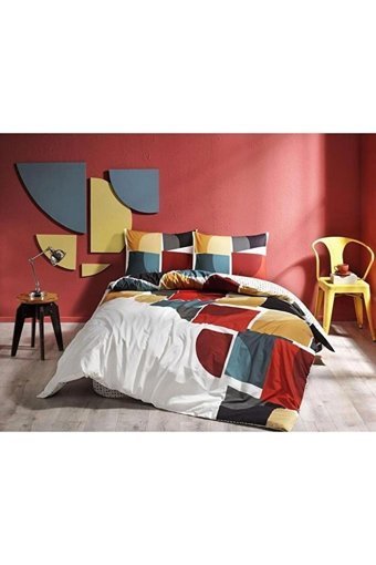 Nevresim Dünyası Ranforce Dört Mevsim 160 x 220 cm Lastikli Geometrik Tek Kişilik Nevresim Takımı Hardal