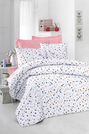 Helenito Ranforce Dört Mevsim 160 x 220 cm Geometrik Tek Kişilik Nevresim Takımı Beyaz Pembe
