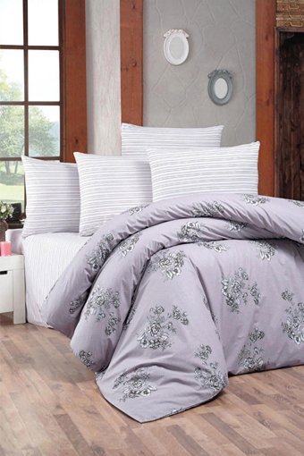Helenito Ranforce Dört Mevsim 160 x 220 cm Çiçekli Tek Kişilik Nevresim Takımı Beyaz Lila
