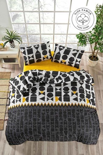 Tabu Home Pamuk Dört Mevsim 160 x 220 cm Desenli Tek Kişilik Nevresim Takımı Hardal Siyah