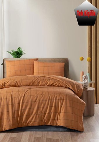 Mulberry Pamuk Kışlık 160 x 220 cm Kareli Tek Kişilik Nevresim Takımı Turuncu