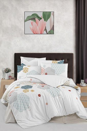 Helenito Ranforce Dört Mevsim 160 x 220 cm Geometrik Tek Kişilik Nevresim Takımı Beyaz Mavi
