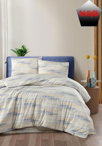 Mulberry Pamuk Kışlık 160 x 220 cm Çizgili Tek Kişilik Nevresim Takımı Beyaz Mavi