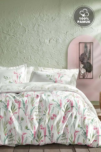 Yataş Ranforce Dört Mevsim 160 x 220 cm Çiçekli Tek Kişilik Nevresim Takımı Beyaz Pembe