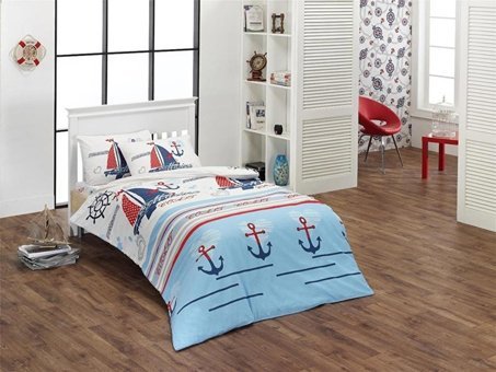 Nevresim Dünyası Pamuk Polyester Dört Mevsim 160 x 220 cm Yelkenli Tek Kişilik Nevresim Takımı Mavi