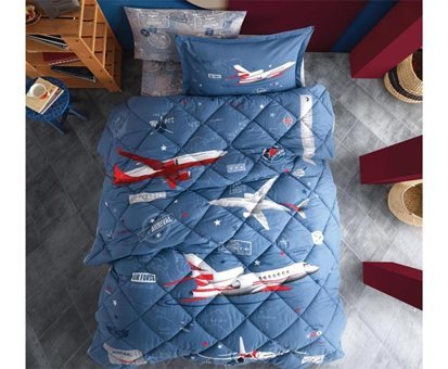 Nevresim Dünyası Ranforce Dört Mevsim 150 x 200 cm Uçak Tek Kişilik Nevresim Takımı Mavi