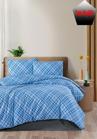 Mulberry Pamuk Kışlık 160 x 220 cm Ekoseli Tek Kişilik Nevresim Takımı Mavi