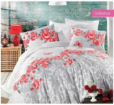 Nevresim Dünyası Pamuk Polyester Dört Mevsim 160 x 220 cm Çiçekli Tek Kişilik Nevresim Takımı Gri Kırmızı