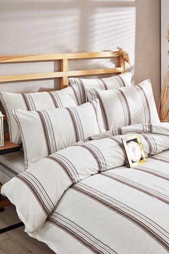 Mira Home Pamuk Polyester Dört Mevsim 160 x 200 cm Çizgili Tek Kişilik Nevresim Takımı Kahve