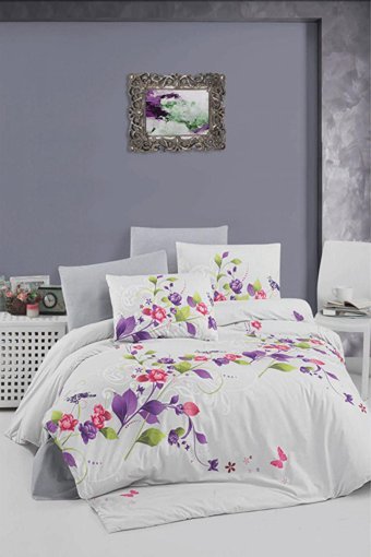 Helenito Ranforce Dört Mevsim 160 x 220 cm Çiçekli Tek Kişilik Nevresim Takımı Beyaz Mor