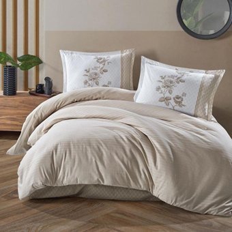 Clasy Pamuk Dört Mevsim 200 x 220 cm Çizgili Tek Kişilik Nevresim Takımı Bej