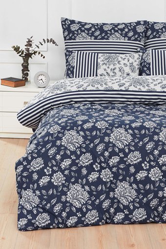 Mislina Home Pamuk Polyester Dört Mevsim 160 x 220 cm Çiçekli Tek Kişilik Nevresim Takımı Beyaz Lacivert