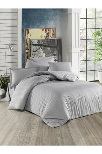 Nevresim Dünyası Saten Dört Mevsim 160 x 220 cm Çizgili Tek Kişilik Nevresim Takımı Gri