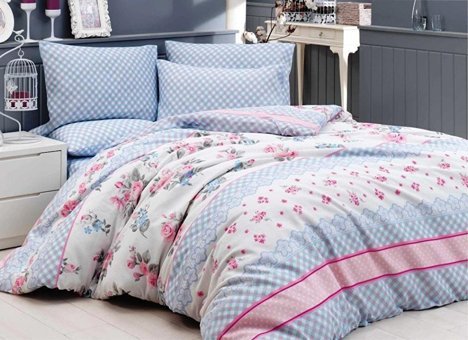 Nevresim Dünyası Pamuk Polyester Dört Mevsim 160 x 220 cm Ekoseli Tek Kişilik Nevresim Takımı Mavi