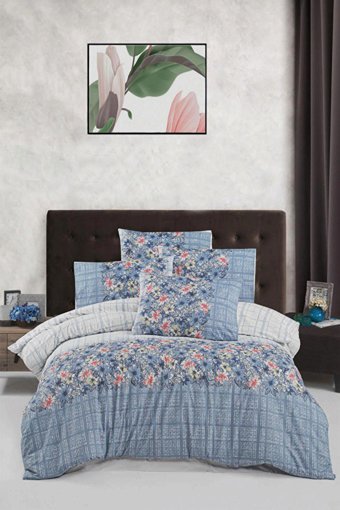 Helenito Ranforce Dört Mevsim 160 x 220 cm Çiçekli Tek Kişilik Nevresim Takımı Mavi