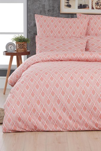 Mislina Home Pamuk Polyester Dört Mevsim 160 x 200 cm Şal Desen Tek Kişilik Nevresim Takımı Beyaz Somon