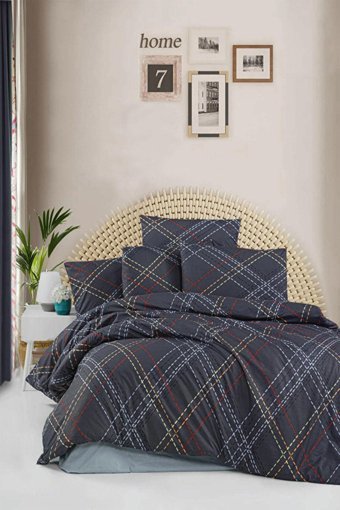 Helenito Ranforce Dört Mevsim 160 x 220 cm Çizgili Tek Kişilik Nevresim Takımı Antrasit