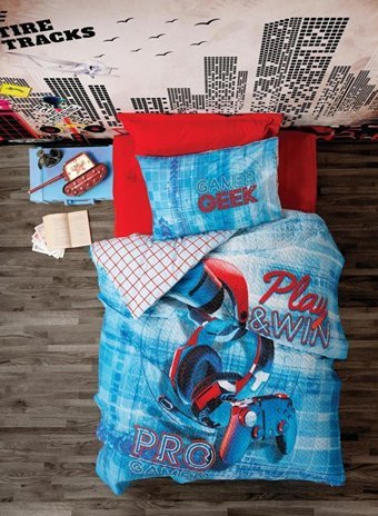 Cotton Box Pamuk Dört Mevsim 160 x 220 cm Lastikli Oyun Temalı Tek Kişilik Nevresim Takımı Mavi