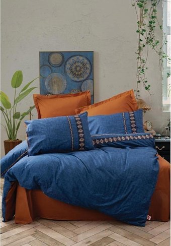 Cotton Box Pamuk Dört Mevsim 160 x 220 cm Lastikli Düz Tek Kişilik Nevresim Takımı Mavi Turuncu