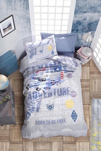 Cotton Box Ranforce Dört Mevsim 160 x 200 cm Uçak Tek Kişilik Nevresim Takımı Mavi