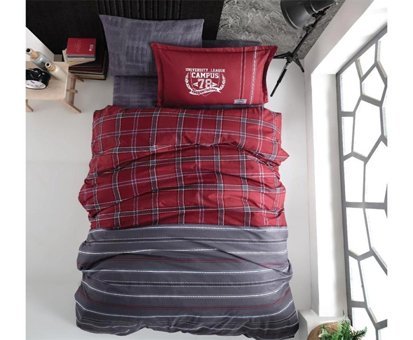 Nevresim Dünyası Ranforce Dört Mevsim 160 x 220 cm Ekoseli Tek Kişilik Nevresim Takımı Bordo