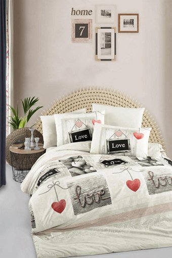 Helenito Ranforce Dört Mevsim 160 x 220 cm Kalp Tek Kişilik Nevresim Takımı Kırmızı Krem