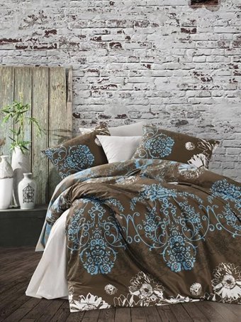 New Home Pamuk Kışlık 160 x 220 cm Çiçekli Tek Kişilik Nevresim Takımı Kahverengi Mavi