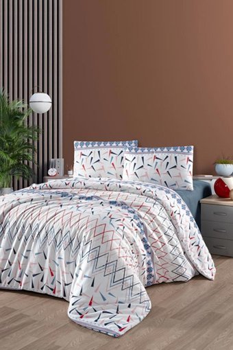 Mulberry Pamuk Kışlık 200 x 220 cm Geometrik Çift Kişilik Nevresim Takımı Beyaz Mavi