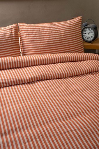 Vivamaison Keten Dört Mevsim 200 x 220 cm Çizgili Çift Kişilik Nevresim Takımı Turuncu