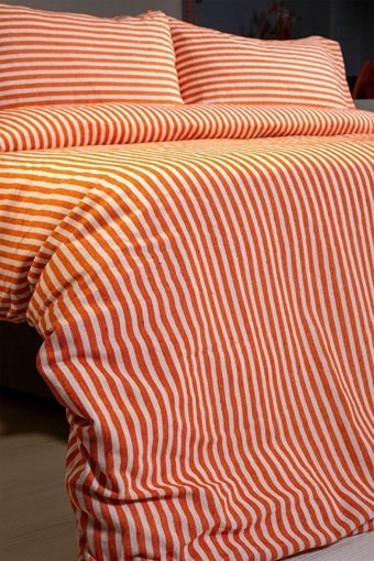 Vivamaison Keten Dört Mevsim 200 x 220 cm Çizgili Çift Kişilik Nevresim Takımı Turuncu