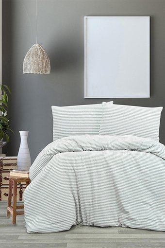 Vivamaison Keten Dört Mevsim 200 x 220 cm Çizgili Çift Kişilik Nevresim Takımı Gri