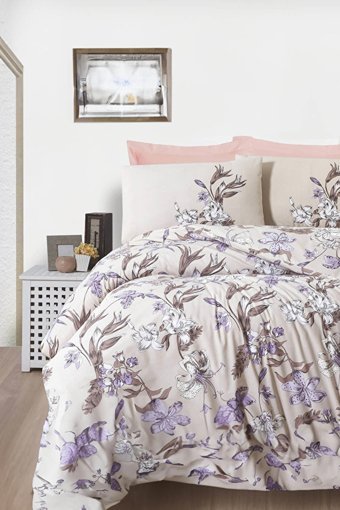 Depomaxx Pamuk Polyester Dört Mevsim 200 x 220 cm Çiçekli Çift Kişilik Nevresim Takımı Krem Lila