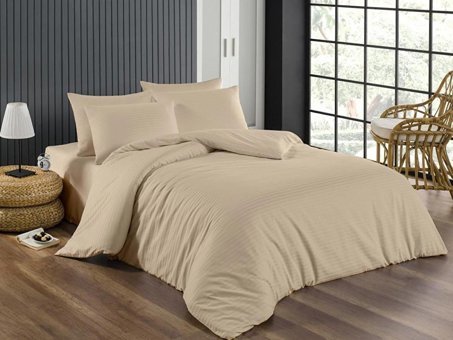 Ete Hometex Pamuk Saten Dört Mevsim 200 x 220 cm Çizgili Çift Kişilik Nevresim Takımı Bej
