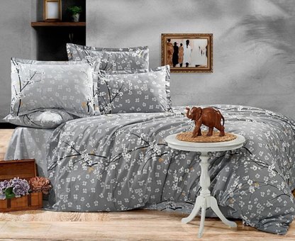 Alena Pamuk Dört Mevsim 200 x 220 cm Çiçekli Çift Kişilik Nevresim Takımı Gri