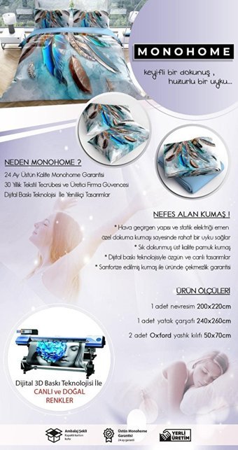 Mono Home Pamuk Saten Dört Mevsim 200 x 220 cm 3D Çift Kişilik Nevresim Takımı Yavruağzı