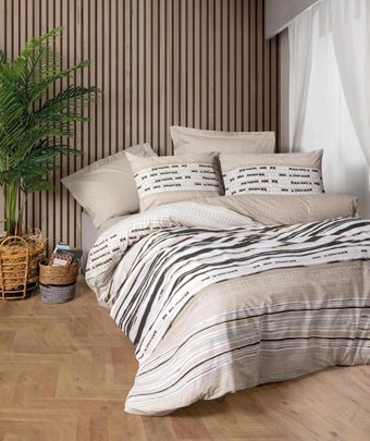 Cotton Box Ranforce Dört Mevsim 200 x 220 cm Çizgili Çift Kişilik Nevresim Takımı Bej