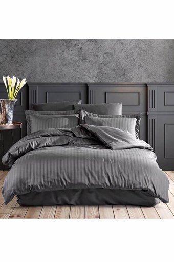 Mira Home Saten Dört Mevsim 190 x 220 cm Çizgili Çift Kişilik Nevresim Takımı Antrasit